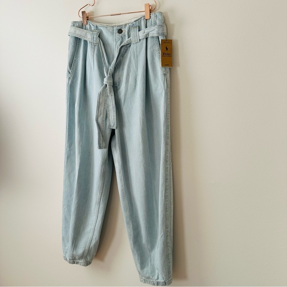 New Ralph Lauren High Rise Tapered Blue Tie Belt Ankle Cotton Denim Jeans Pants - Picture 13 of 16
